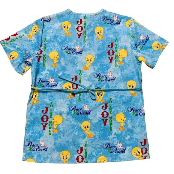 Looney Tunes Tweety Christmas Scrub Top Size S Blue Cartoon Print V-Neck Holiday - Picture 6 of 16